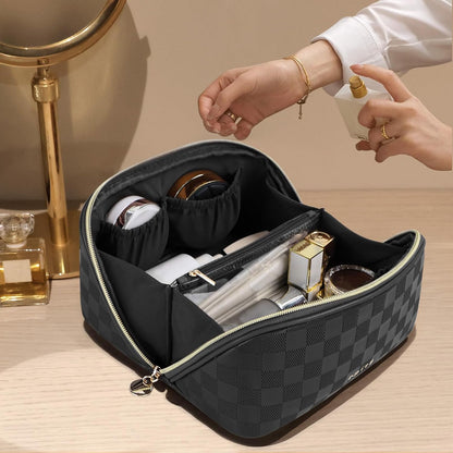 Makeup Bag Travel Toiletry Bag Open Flat Cosmetic Organizer for Women | Clear Divider, 2 Compartments, Waterproof, Vegan Leather, Elastic Slot, Handle, Lightweight, Large Capacity, Easy Clean
