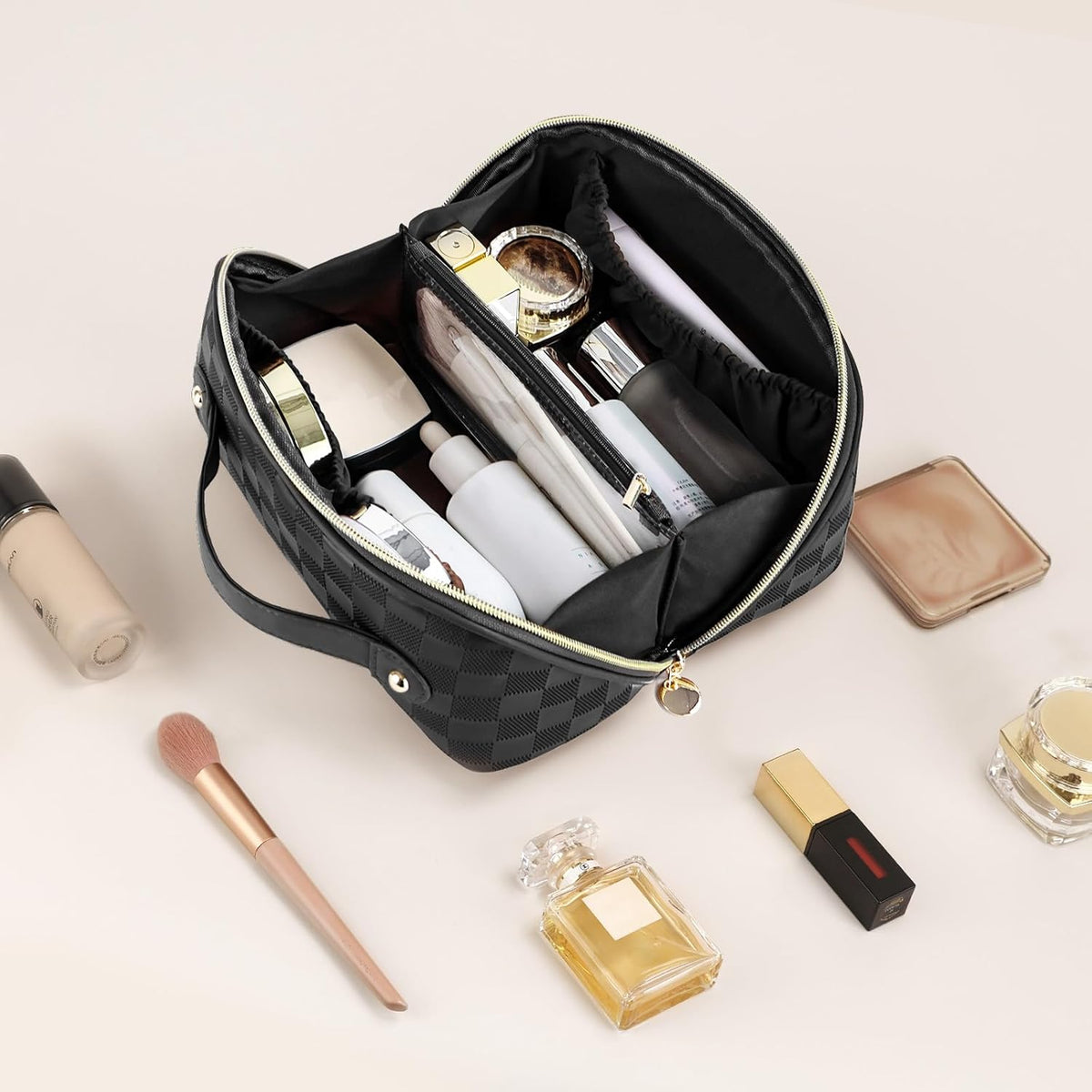 Makeup Bag Travel Toiletry Bag Open Flat Cosmetic Organizer for Women | Clear Divider, 2 Compartments, Waterproof, Vegan Leather, Elastic Slot, Handle, Lightweight, Large Capacity, Easy Clean