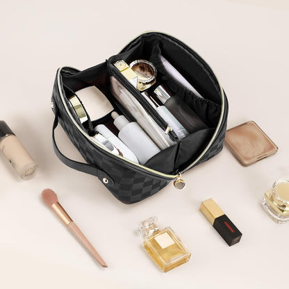 Makeup Bag Travel Toiletry Bag Open Flat Cosmetic Organizer for Women | Clear Divider, 2 Compartments, Waterproof, Vegan Leather, Elastic Slot, Handle, Lightweight, Large Capacity, Easy Clean