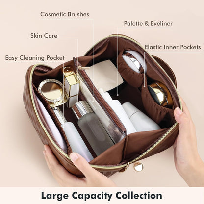 Makeup Bag Travel Toiletry Bag Open Flat Cosmetic Organizer for Women | Clear Divider, 2 Compartments, Waterproof, Vegan Leather, Elastic Slot, Handle, Lightweight, Large Capacity, Easy Clean
