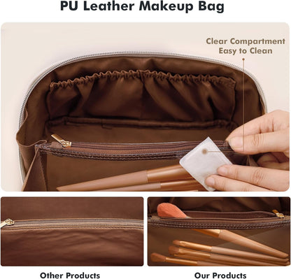 Makeup Bag Travel Toiletry Bag Open Flat Cosmetic Organizer for Women | Clear Divider, 2 Compartments, Waterproof, Vegan Leather, Elastic Slot, Handle, Lightweight, Large Capacity, Easy Clean