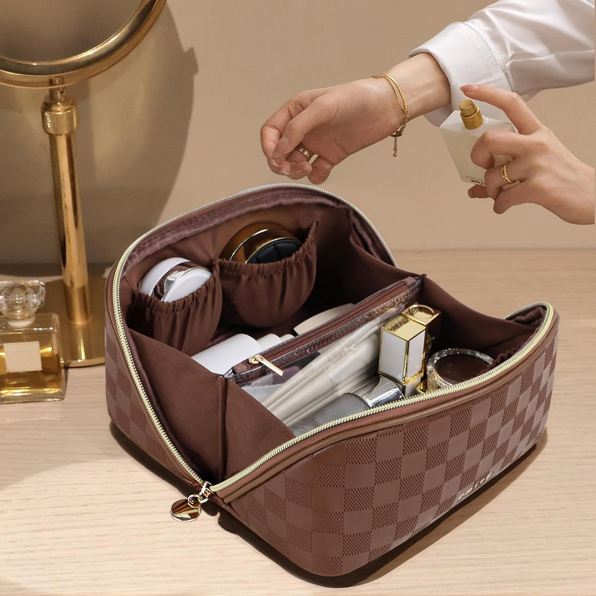 Makeup Bag Travel Toiletry Bag Open Flat Cosmetic Organizer for Women | Clear Divider, 2 Compartments, Waterproof, Vegan Leather, Elastic Slot, Handle, Lightweight, Large Capacity, Easy Clean