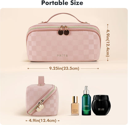 Makeup Bag Travel Toiletry Bag Open Flat Cosmetic Organizer for Women | Clear Divider, 2 Compartments, Waterproof, Vegan Leather, Elastic Slot, Handle, Lightweight, Large Capacity, Easy Clean