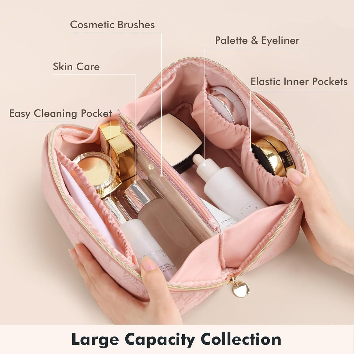 Makeup Bag Travel Toiletry Bag Open Flat Cosmetic Organizer for Women | Clear Divider, 2 Compartments, Waterproof, Vegan Leather, Elastic Slot, Handle, Lightweight, Large Capacity, Easy Clean