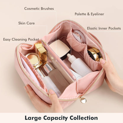 Makeup Bag Travel Toiletry Bag Open Flat Cosmetic Organizer for Women | Clear Divider, 2 Compartments, Waterproof, Vegan Leather, Elastic Slot, Handle, Lightweight, Large Capacity, Easy Clean