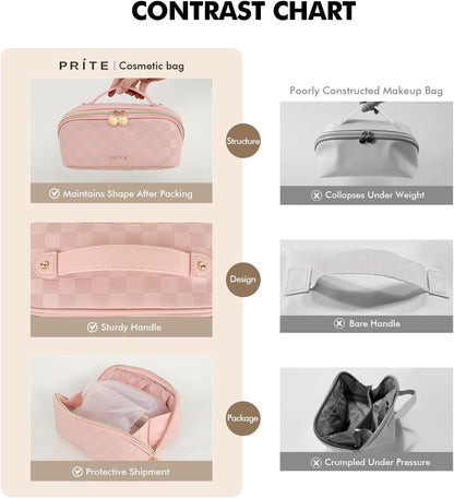 Makeup Bag Travel Toiletry Bag Open Flat Cosmetic Organizer for Women | Clear Divider, 2 Compartments, Waterproof, Vegan Leather, Elastic Slot, Handle, Lightweight, Large Capacity, Easy Clean