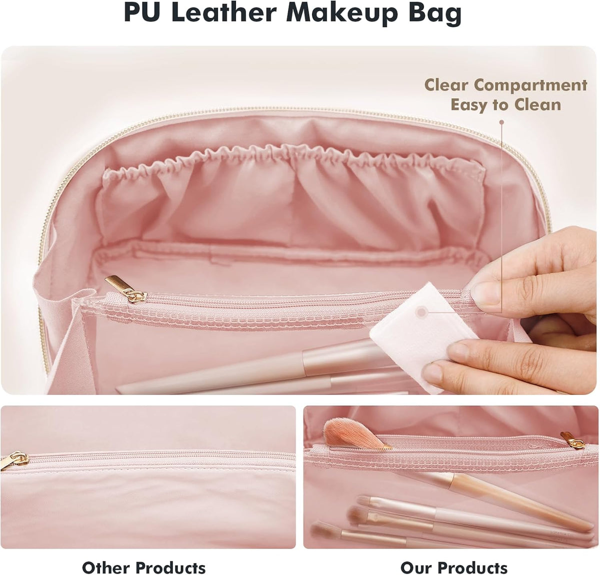 Makeup Bag Travel Toiletry Bag Open Flat Cosmetic Organizer for Women | Clear Divider, 2 Compartments, Waterproof, Vegan Leather, Elastic Slot, Handle, Lightweight, Large Capacity, Easy Clean