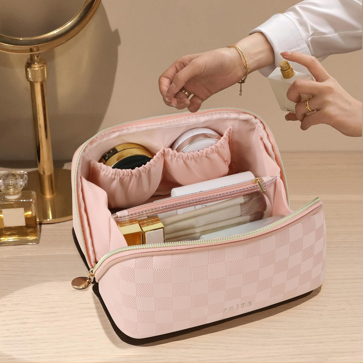 Makeup Bag Travel Toiletry Bag Open Flat Cosmetic Organizer for Women | Clear Divider, 2 Compartments, Waterproof, Vegan Leather, Elastic Slot, Handle, Lightweight, Large Capacity, Easy Clean