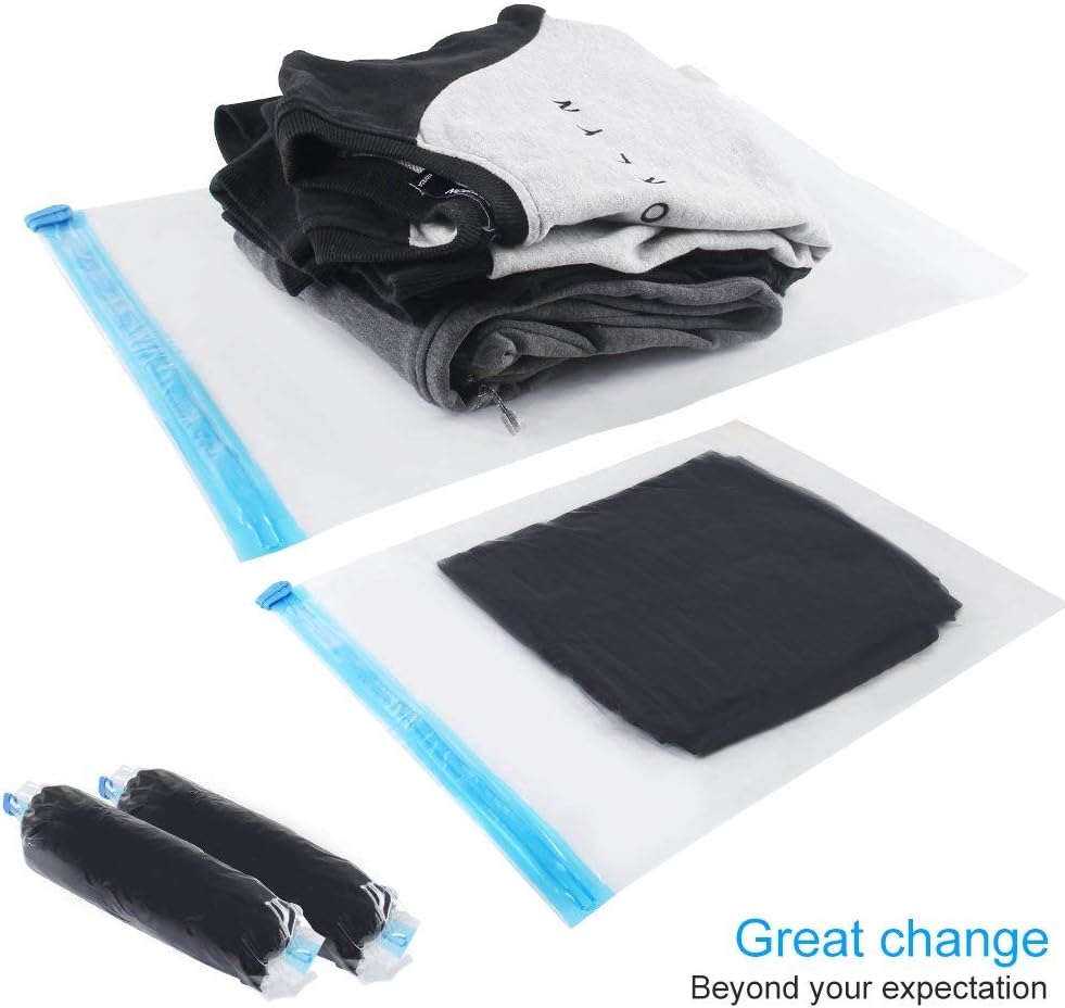 10Pack Travel Space Saver Bags (4 x S, 3 x L, 3 xL), Reusable Vacuum Travel Storage Bag, Saves 75% of Storage Space, Roll-Up Compression, No Need For Vacuum Machine Or Pump