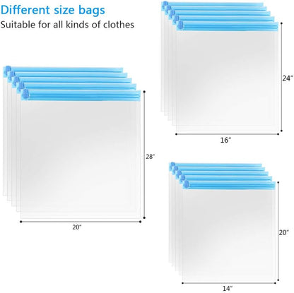 10Pack Travel Space Saver Bags (4 x S, 3 x L, 3 xL), Reusable Vacuum Travel Storage Bag, Saves 75% of Storage Space, Roll-Up Compression, No Need For Vacuum Machine Or Pump