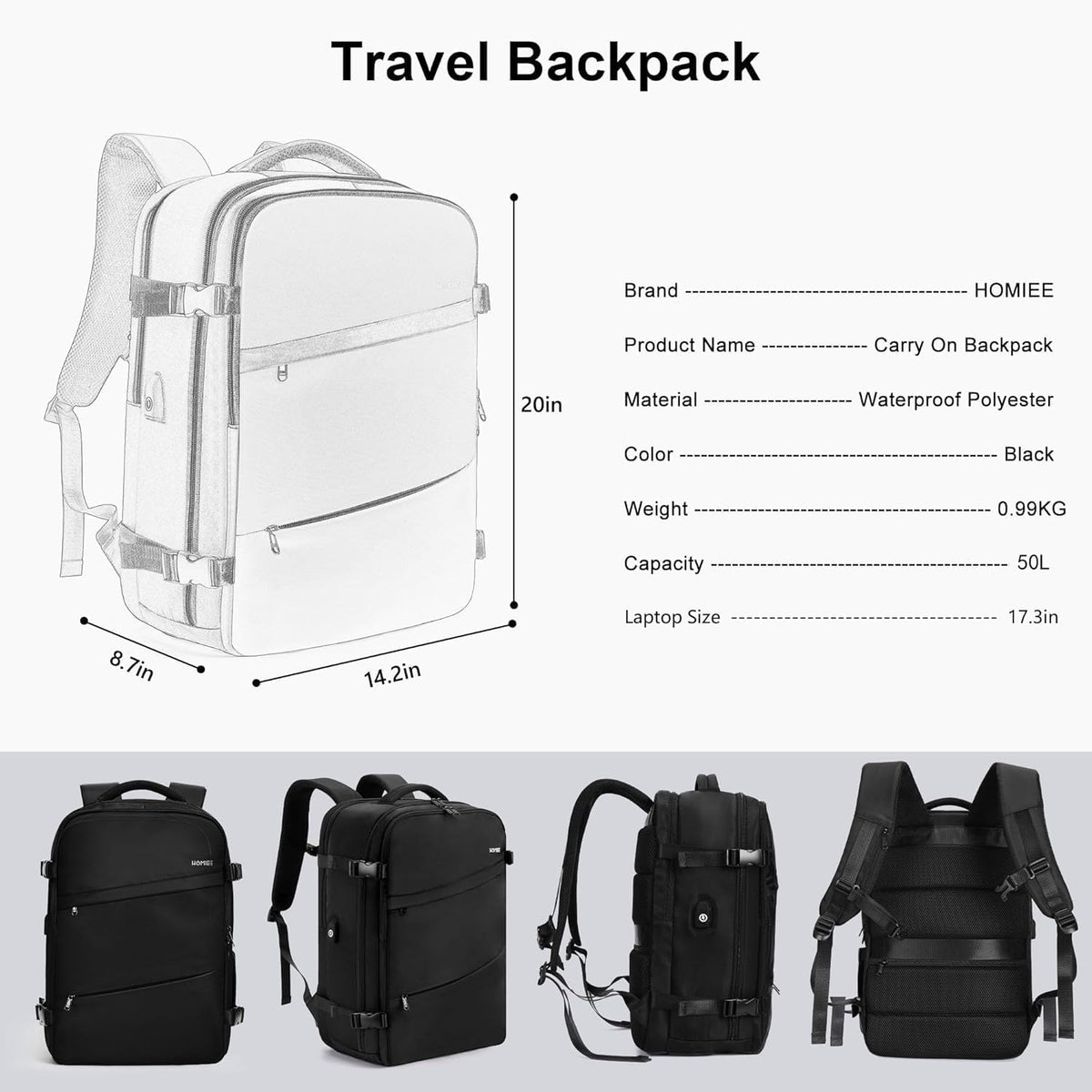 Travel Laptop Backpack for Men Women, Personal Item Carry On Bag | Dry Wet Separation Mochila de Viaje for Weekender Business Hiking Camping