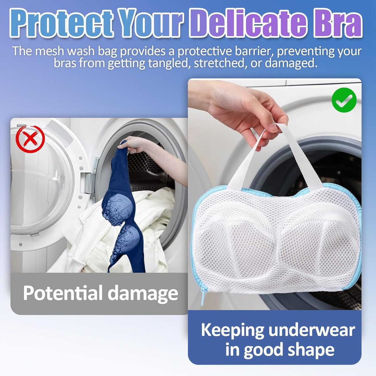 2-Pack Bra Wash Bags with 3D Protective Bracket & Zipper | Non-Deform Lingerie Laundry Bags, For Washing Machine & Storage, Women's Delicates Underwear, A-C Cups