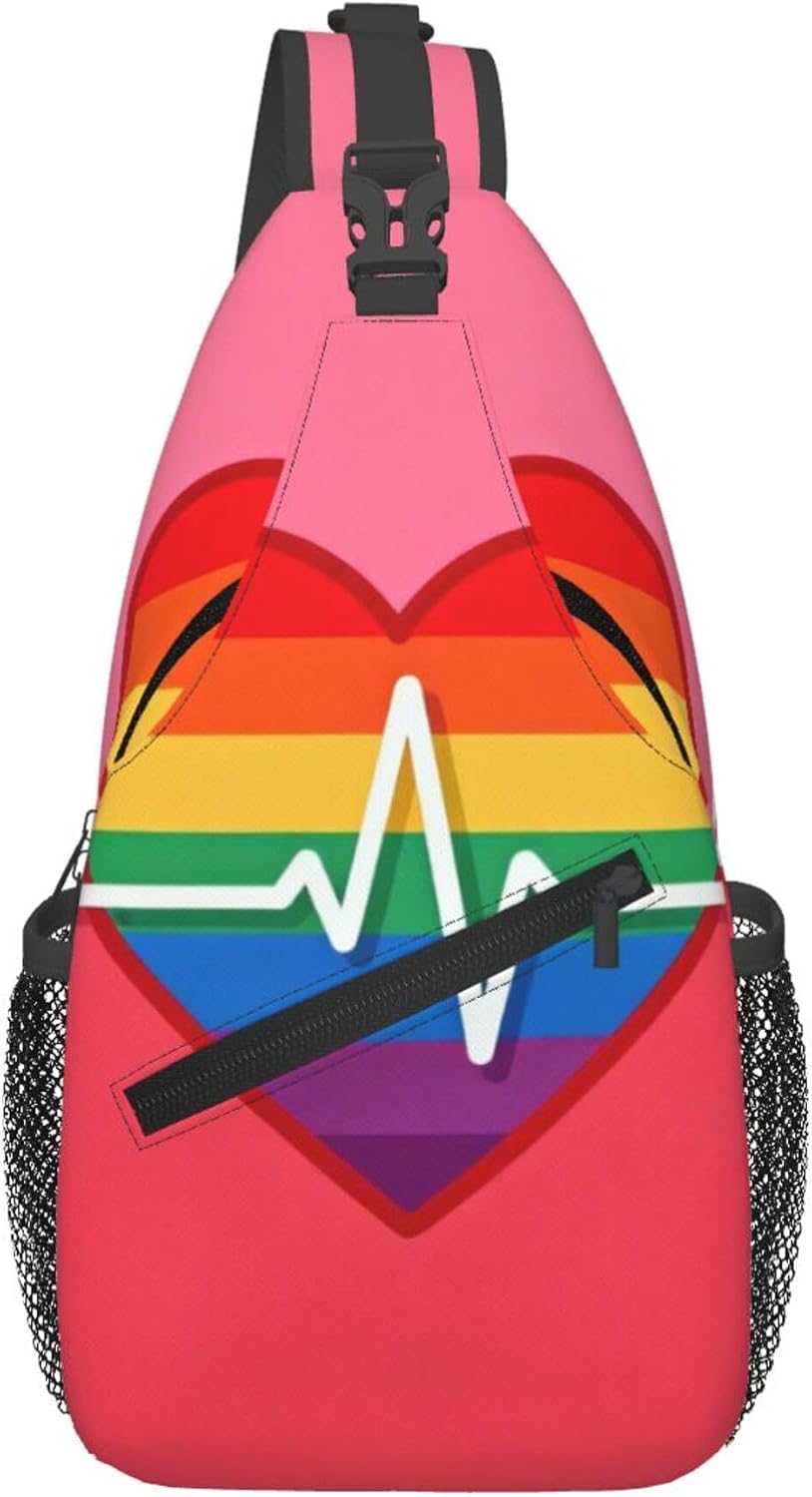 Sling Backpack for Women Men Multipurpose Anti-Theft Gym Bags Sack Daypack Outdoor Backpack Carry On Bag, Lgbt Heart Beat Pride Single Shoulder Messenger Bag