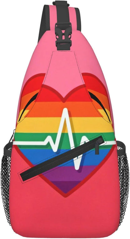 Sling Backpack for Women Men Multipurpose Anti-Theft Gym Bags Sack Daypack Outdoor Backpack Carry On Bag, Lgbt Heart Beat Pride Single Shoulder Messenger Bag