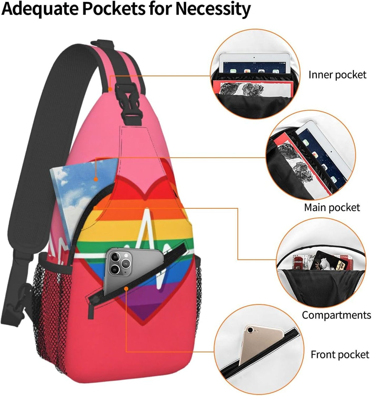 Sling Backpack for Women Men Multipurpose Anti-Theft Gym Bags Sack Daypack Outdoor Backpack Carry On Bag, Lgbt Heart Beat Pride Single Shoulder Messenger Bag