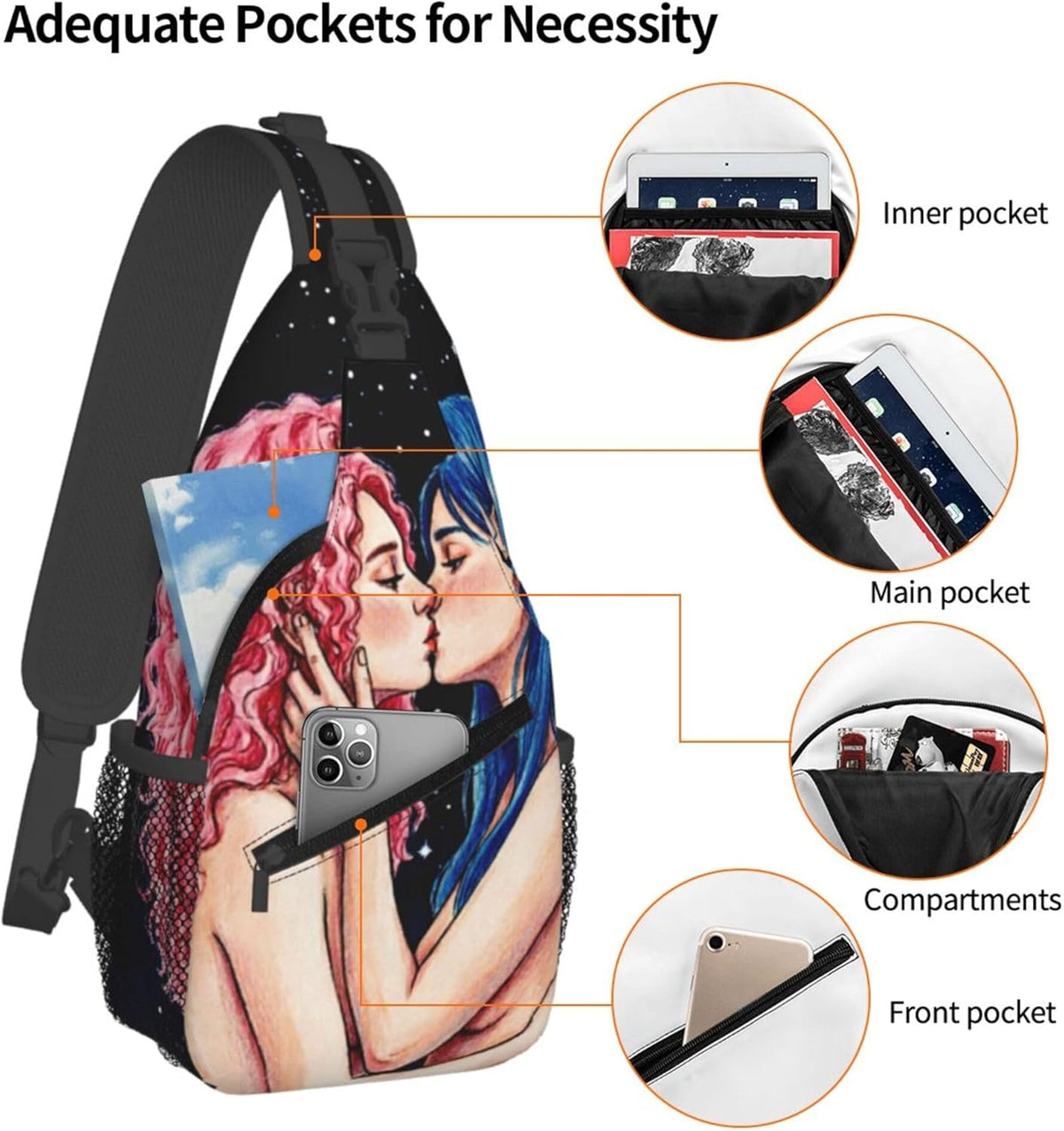 Sling Backpack for Women Men Multipurpose Anti-Theft Gym Bags Sack Daypack Outdoor Backpack Carry On Bag, Lgbt Heart Beat Pride Single Shoulder Messenger Bag