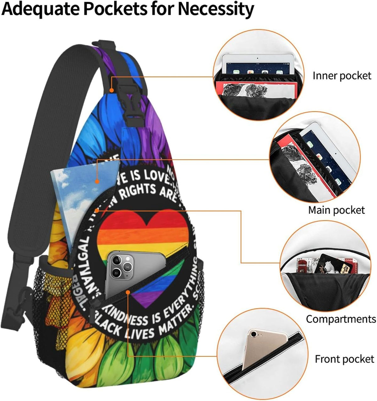 Sling Backpack for Women Men Multipurpose Anti-Theft Gym Bags Sack Daypack Outdoor Backpack Carry On Bag, Lgbt Heart Beat Pride Single Shoulder Messenger Bag