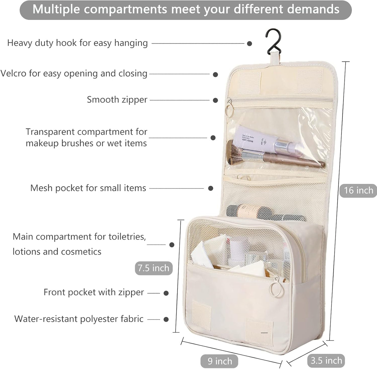 Hanging Travel Toiletry Bag for Women, Water-resistant Makeup Bag Cosmetic Organizer for Traveling Accessories Toiletries (Beige)