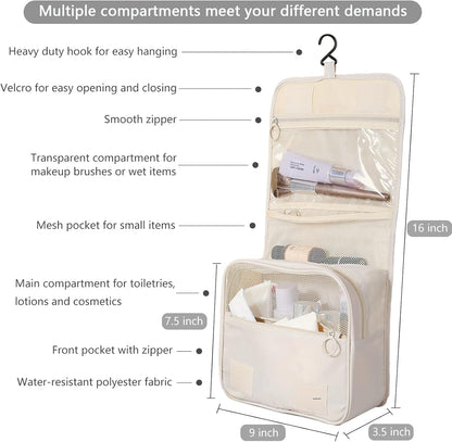 Hanging Travel Toiletry Bag for Women, Water-resistant Makeup Bag Cosmetic Organizer for Traveling Accessories Toiletries (Beige)