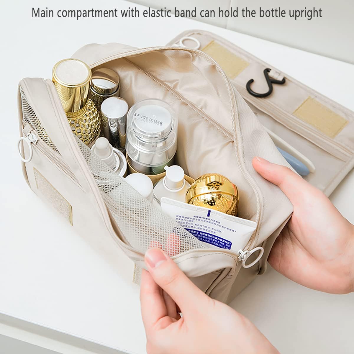 Hanging Travel Toiletry Bag for Women, Water-resistant Makeup Bag Cosmetic Organizer for Traveling Accessories Toiletries (Beige)