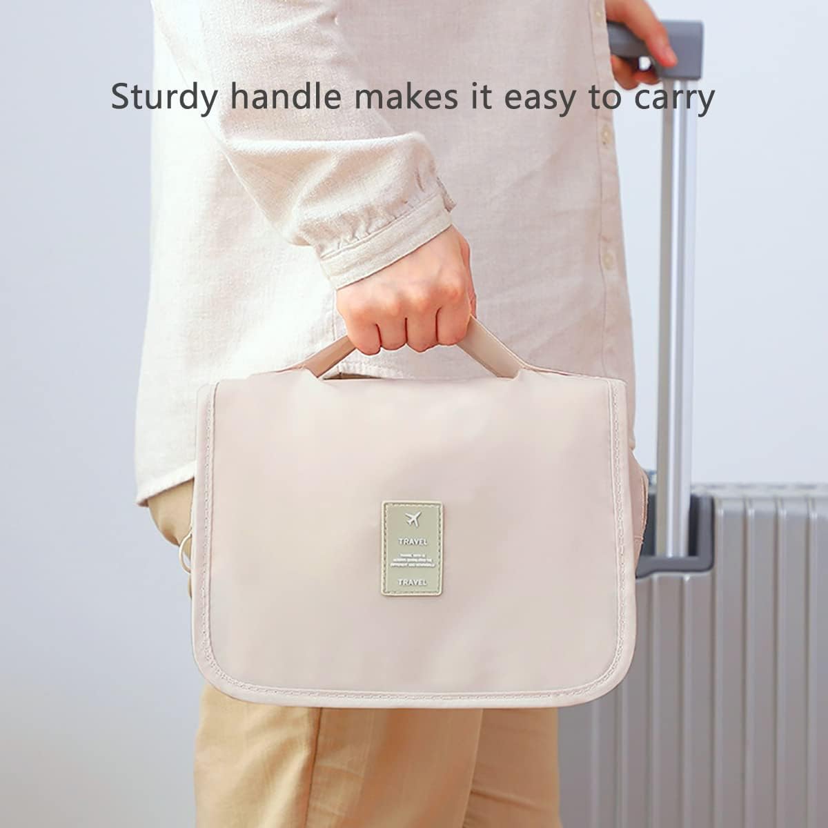 Hanging Travel Toiletry Bag for Women, Water-resistant Makeup Bag Cosmetic Organizer for Traveling Accessories Toiletries (Beige)