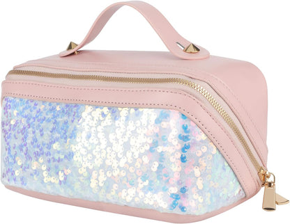 Travel Makeup Bag,Makeup Organizer Bag,Toiletry Bag,Large Capacity with Glitter Sequin Cosmetic Bag,Open Flat Toiletry Bag Make up Organizer with Divider and Handle (Silver)
