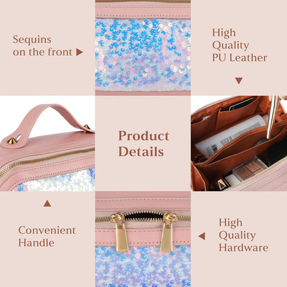 Travel Makeup Bag,Makeup Organizer Bag,Toiletry Bag,Large Capacity with Glitter Sequin Cosmetic Bag,Open Flat Toiletry Bag Make up Organizer with Divider and Handle (Silver)