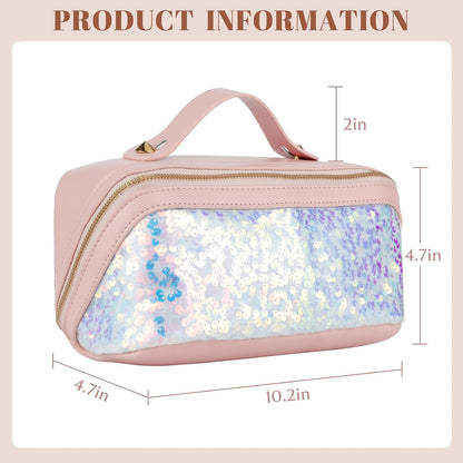 Travel Makeup Bag,Makeup Organizer Bag,Toiletry Bag,Large Capacity with Glitter Sequin Cosmetic Bag,Open Flat Toiletry Bag Make up Organizer with Divider and Handle (Silver)