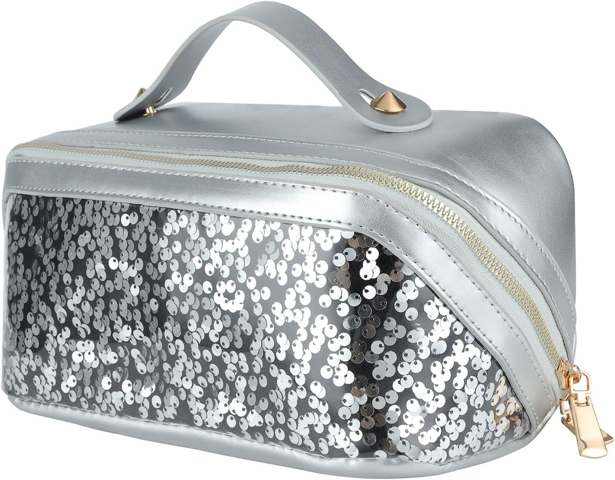 Travel Makeup Bag,Makeup Organizer Bag,Toiletry Bag,Large Capacity with Glitter Sequin Cosmetic Bag,Open Flat Toiletry Bag Make up Organizer with Divider and Handle (Silver)