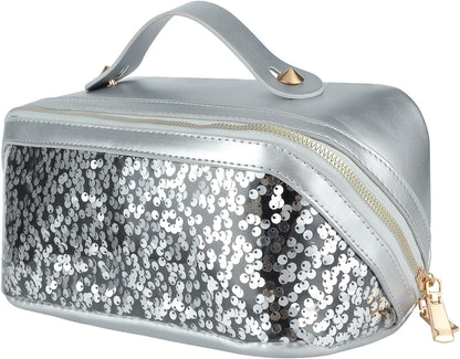 Travel Makeup Bag,Makeup Organizer Bag,Toiletry Bag,Large Capacity with Glitter Sequin Cosmetic Bag,Open Flat Toiletry Bag Make up Organizer with Divider and Handle (Silver)