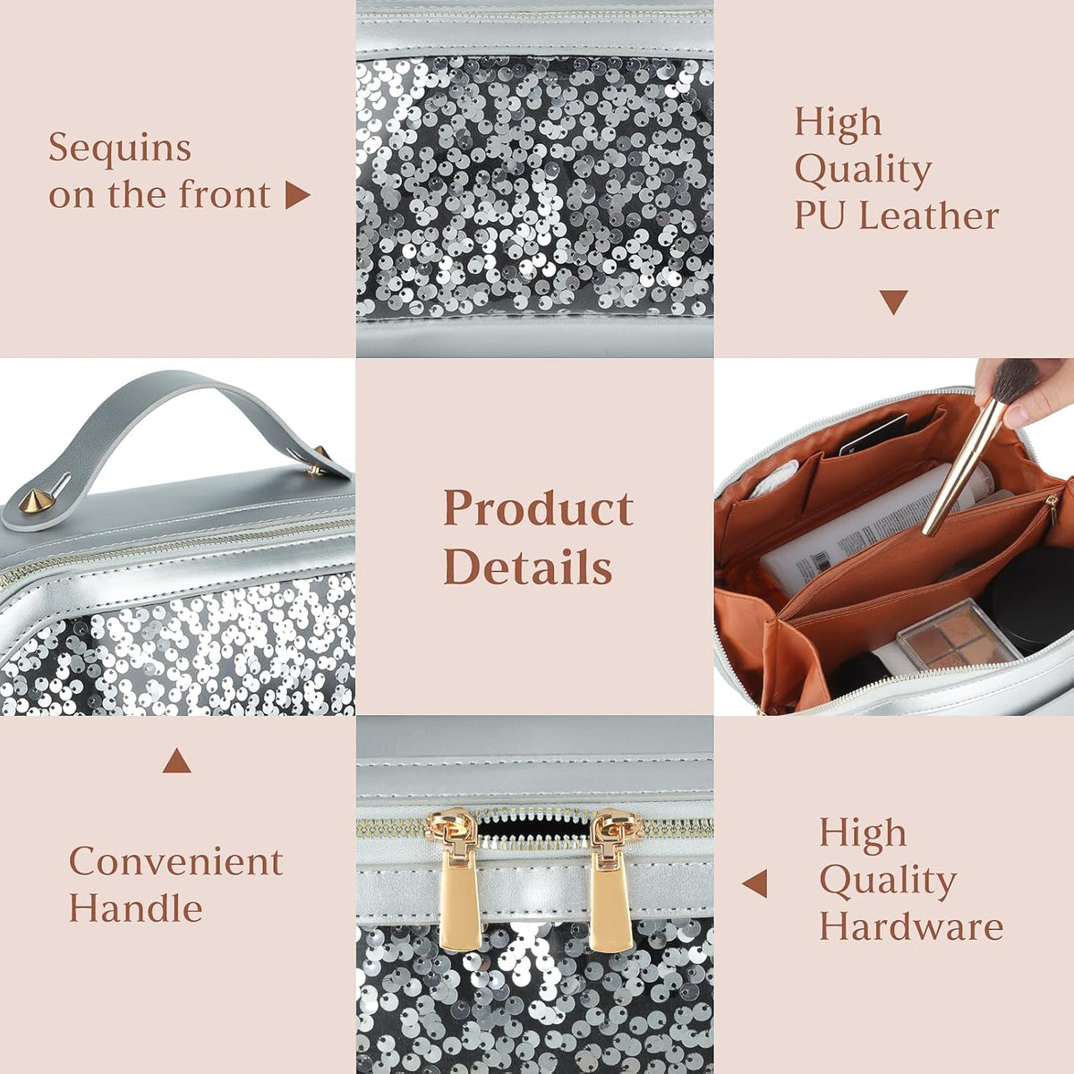 Travel Makeup Bag,Makeup Organizer Bag,Toiletry Bag,Large Capacity with Glitter Sequin Cosmetic Bag,Open Flat Toiletry Bag Make up Organizer with Divider and Handle (Silver)