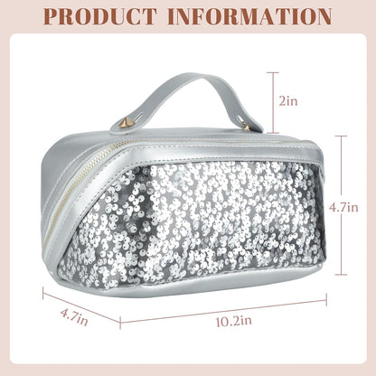 Travel Makeup Bag,Makeup Organizer Bag,Toiletry Bag,Large Capacity with Glitter Sequin Cosmetic Bag,Open Flat Toiletry Bag Make up Organizer with Divider and Handle (Silver)