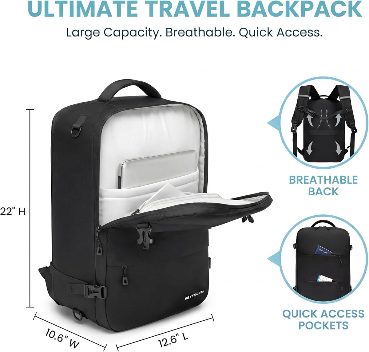 Convertible Travel Garment Bag, Large Travel Backpack for Men & Women, Business Laptop Backpack, Carry On Luggage, Personal Item Travel Bag Suit Bag With Multi-Pockets, Black 22 inch
