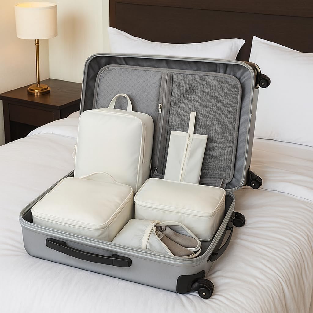 6-Piece Travel Compression Packing Cube Set - Lightweight Luggage Organizer Bags for Clothing Sorting - Durable Washable Storage Pouches for Suitcases