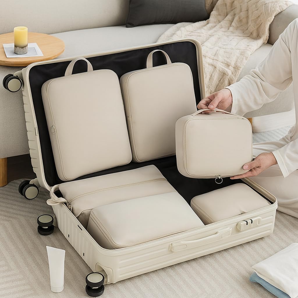 6-Piece Travel Compression Packing Cube Set - Lightweight Luggage Organizer Bags for Clothing Sorting - Durable Washable Storage Pouches for Suitcases