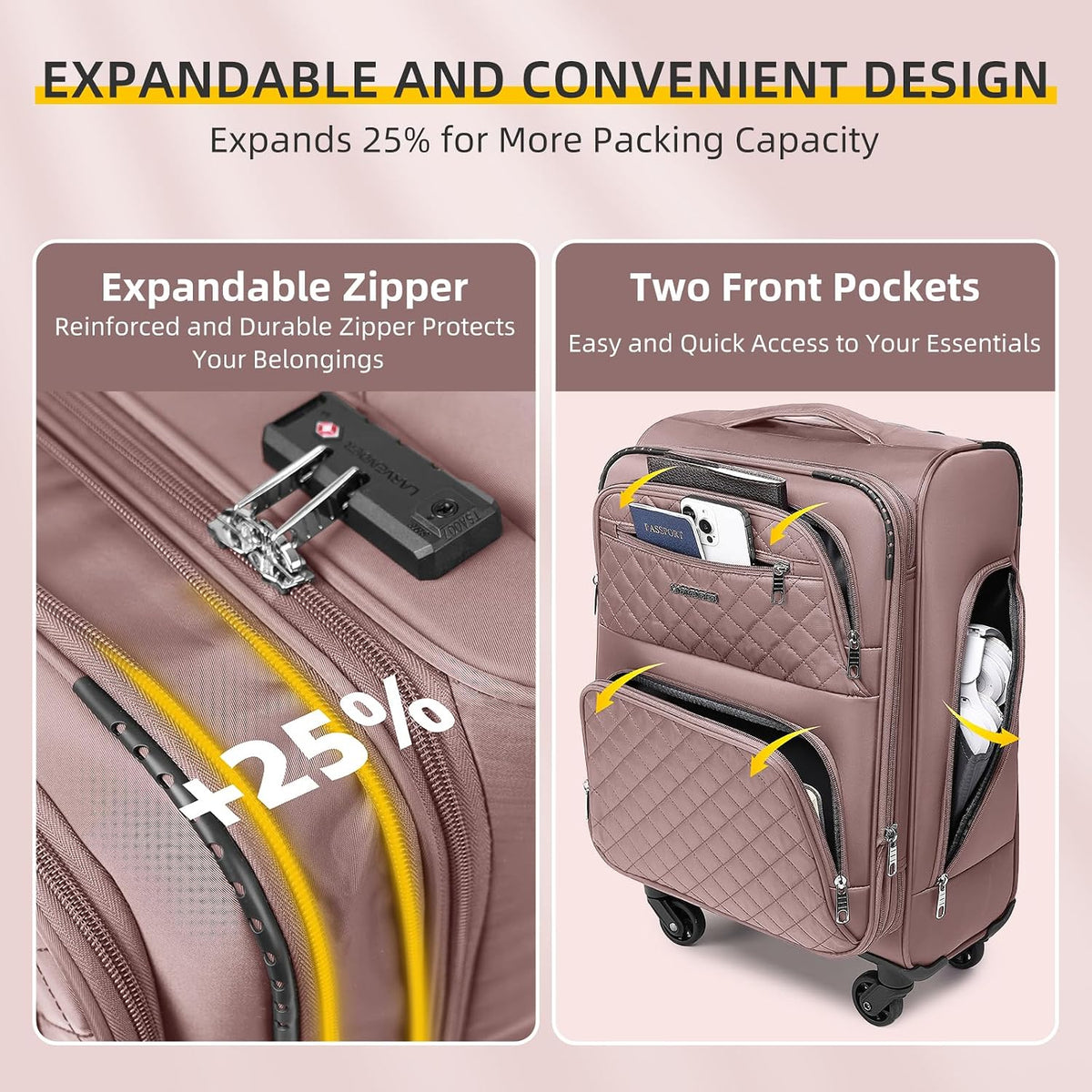Softside Carry On Luggage, Expandable Carry On Luggage 22x14x9 Airline Approved Underseat Suitcase with Spinner Wheels TSA Lock, Pink (16/20/BP/TB)