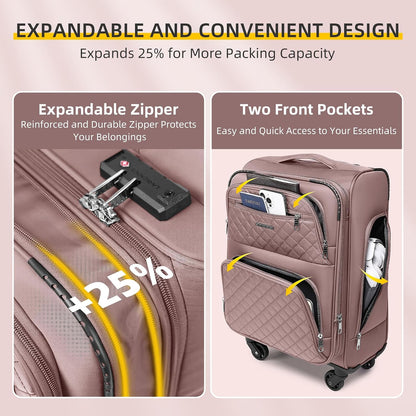 Softside Carry On Luggage, Expandable Carry On Luggage 22x14x9 Airline Approved Underseat Suitcase with Spinner Wheels TSA Lock, Pink (16/20/BP/TB)