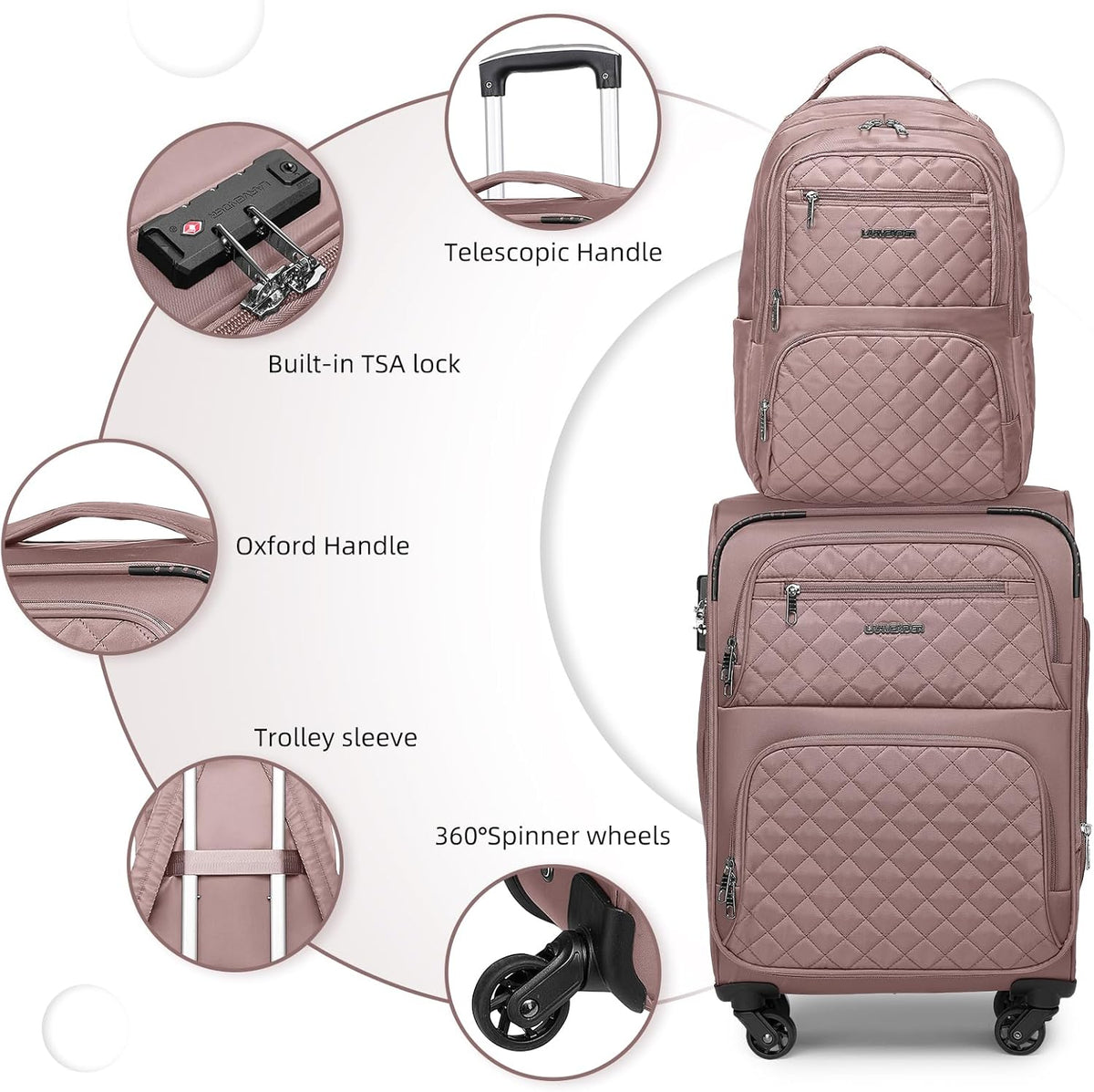Softside Carry On Luggage, Expandable Carry On Luggage 22x14x9 Airline Approved Underseat Suitcase with Spinner Wheels TSA Lock, Pink (16/20/BP/TB)