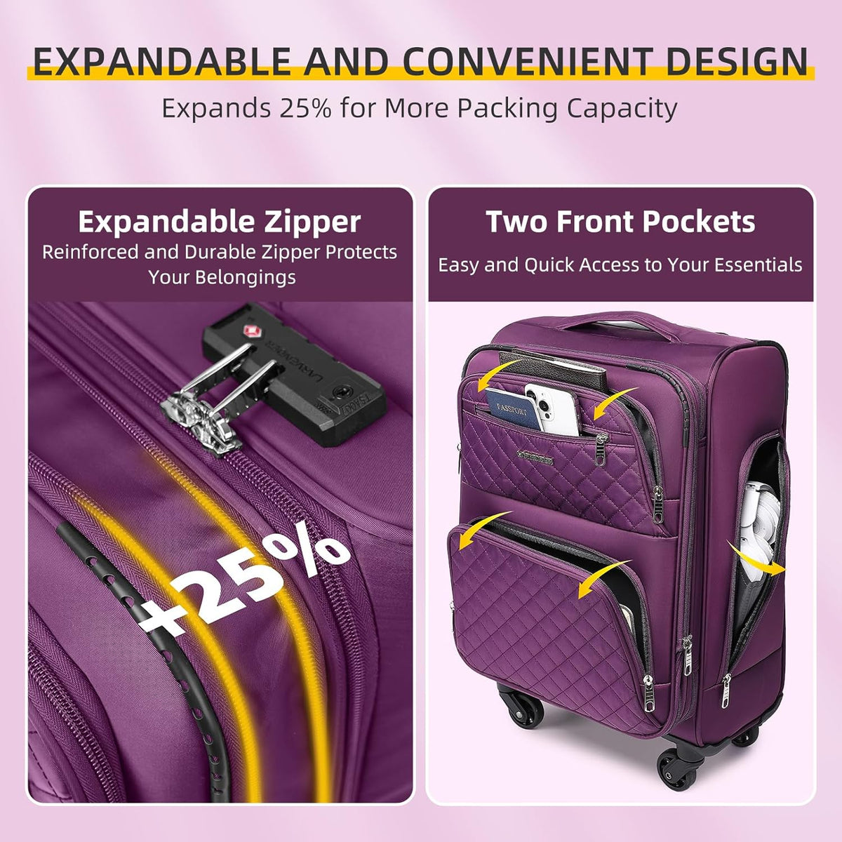 Softside Carry On Luggage, Expandable Carry On Luggage 22x14x9 Airline Approved Underseat Suitcase with Spinner Wheels TSA Lock, Pink (16/20/BP/TB)