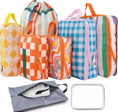 8 Pcs Compression Packing Cubes for Travel, Lightweight Waterproof Luggage Organizer Bags Set, Washable Packaging Cubes for Women Backpack Carry-On Suitcases
