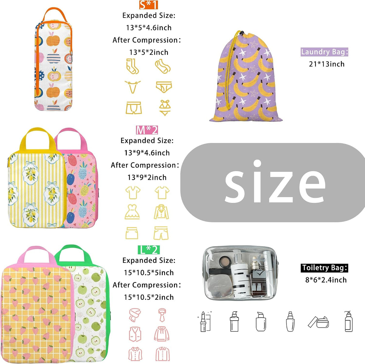 8 Pcs Compression Packing Cubes for Travel, Lightweight Waterproof Luggage Organizer Bags Set, Washable Packaging Cubes for Women Backpack Carry-On Suitcases