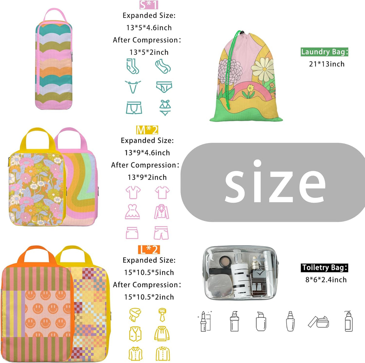 8 Pcs Compression Packing Cubes for Travel, Lightweight Waterproof Luggage Organizer Bags Set, Washable Packaging Cubes for Women Backpack Carry-On Suitcases