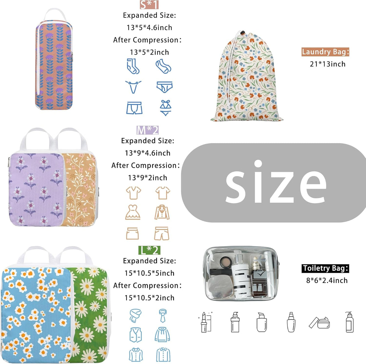 8 Pcs Compression Packing Cubes for Travel, Lightweight Waterproof Luggage Organizer Bags Set, Washable Packaging Cubes for Women Backpack Carry-On Suitcases