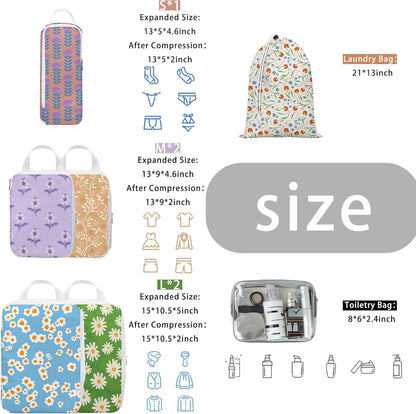 8 Pcs Compression Packing Cubes for Travel, Lightweight Waterproof Luggage Organizer Bags Set, Washable Packaging Cubes for Women Backpack Carry-On Suitcases