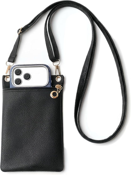Cell Phone Purse, Black PU Leather Phone Bag for Women and Girls, Crossbody Phones Wallet With Shoulder Strap for Shopping, 7.5 x 5 Inches