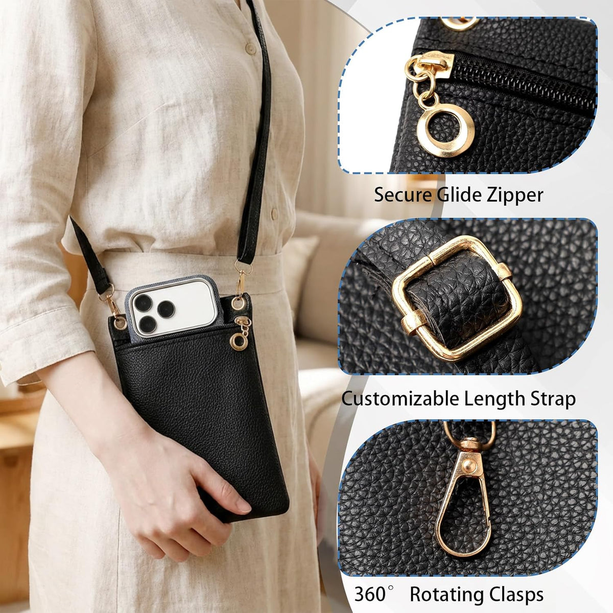 Cell Phone Purse, Black PU Leather Phone Bag for Women and Girls, Crossbody Phones Wallet With Shoulder Strap for Shopping, 7.5 x 5 Inches