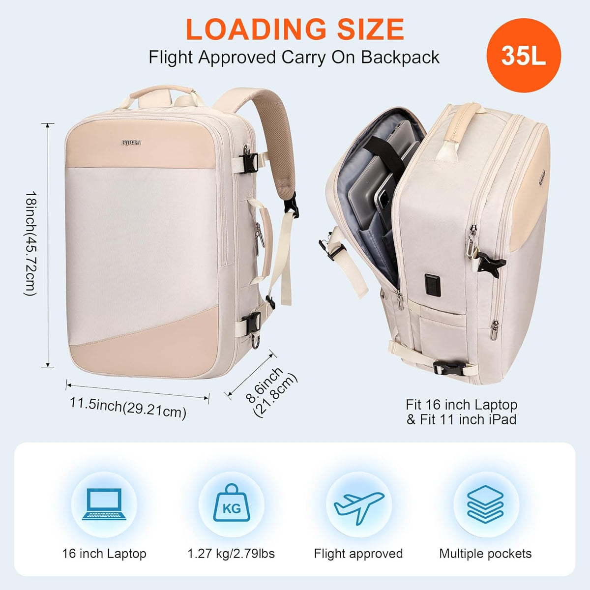 3-In-1 Carry On Travel Backpack for Women Men, Fits 16" Laptop | Convertible Duffel/Shoulder Bag with USB Port, Wet Pocket, TSA-Friendly 180° Opening for Airport/Commute/Daily