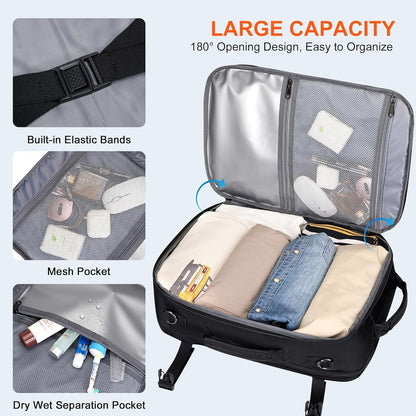 3-In-1 Carry On Travel Backpack for Women Men, Fits 16" Laptop | Convertible Duffel/Shoulder Bag with USB Port, Wet Pocket, TSA-Friendly 180° Opening for Airport/Commute/Daily