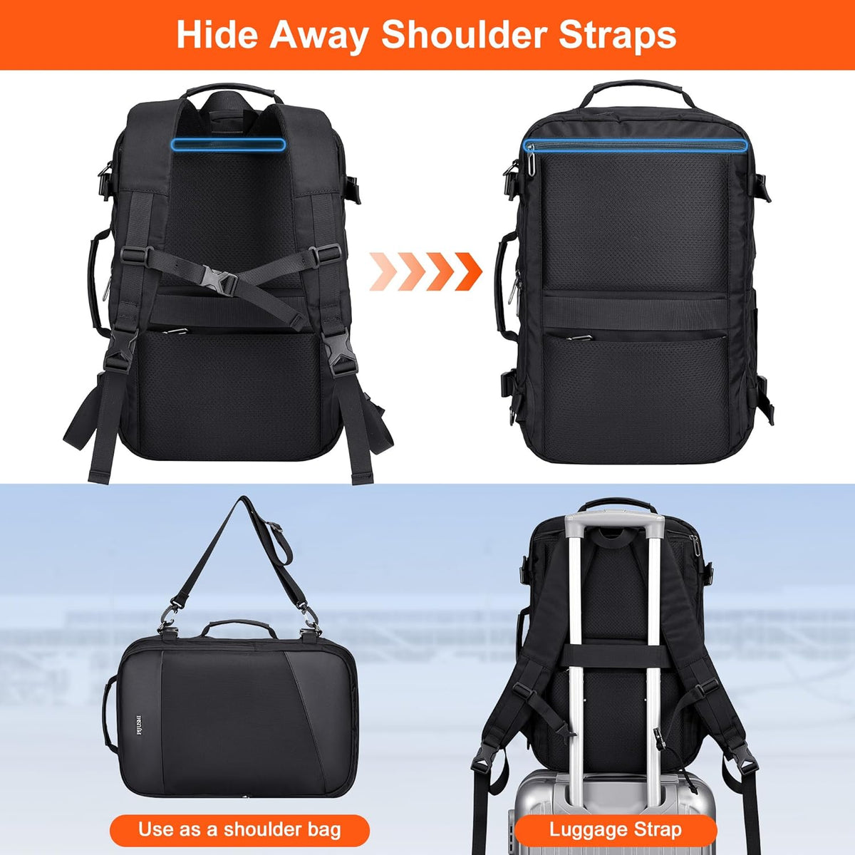 3-In-1 Carry On Travel Backpack for Women Men, Fits 16" Laptop | Convertible Duffel/Shoulder Bag with USB Port, Wet Pocket, TSA-Friendly 180° Opening for Airport/Commute/Daily