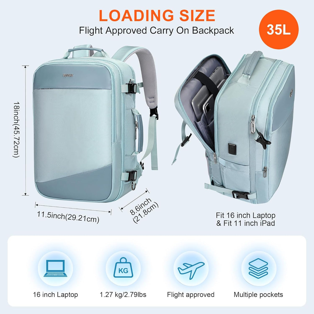 3-In-1 Carry On Travel Backpack for Women Men, Fits 16" Laptop | Convertible Duffel/Shoulder Bag with USB Port, Wet Pocket, TSA-Friendly 180° Opening for Airport/Commute/Daily